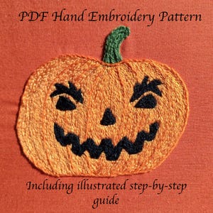 May include: Embroidered orange pumpkin with a green stem and black facial features. The text "PDF Hand Embroidery Pattern" and "Including illustrated step-by-step guide" are displayed on an orange background.