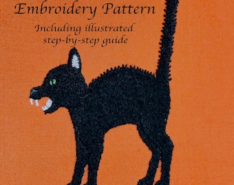 Wzór PDF na haft ręczny "Czarny Kot" z Halloween Witch i przewodnik krok po kroku