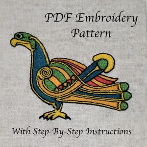 May include: Embroidered PDF pattern featuring a colorful bird design with step-by-step instructions. The bird is depicted in shades of blue, green, yellow, and red, with intricate detailing. The text "PDF Embroidery Pattern" and "With Step-By-Step Instructions" are also visible.