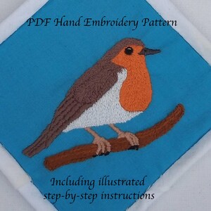 May include: Embroidered robin bird on a branch, with a blue background and white border. The text "PDF Hand Embroidery Pattern" and "Including illustrated step-by-step instructions" are included in the image.