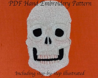 Wzór PDF na haft ręczny z czaszką na Halloween i ilustrowana instrukcja krok po kroku
