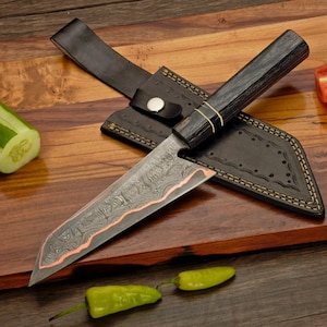 Handmade Rare Copper Damascus Chef Knife With Pkka Wood & Resin Handle / Leather Sheath Personalized  Gift, Wedding Gift, Birthday Gift