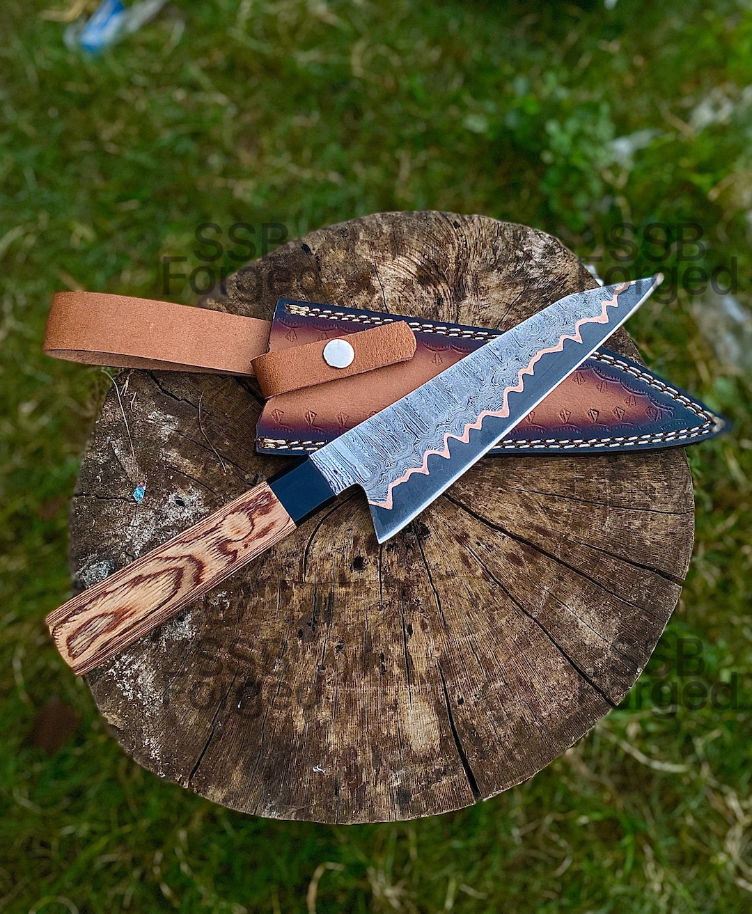 Handmade Copper Damascus Chef Knife: Resin Pakka Wood Handle - Etsy