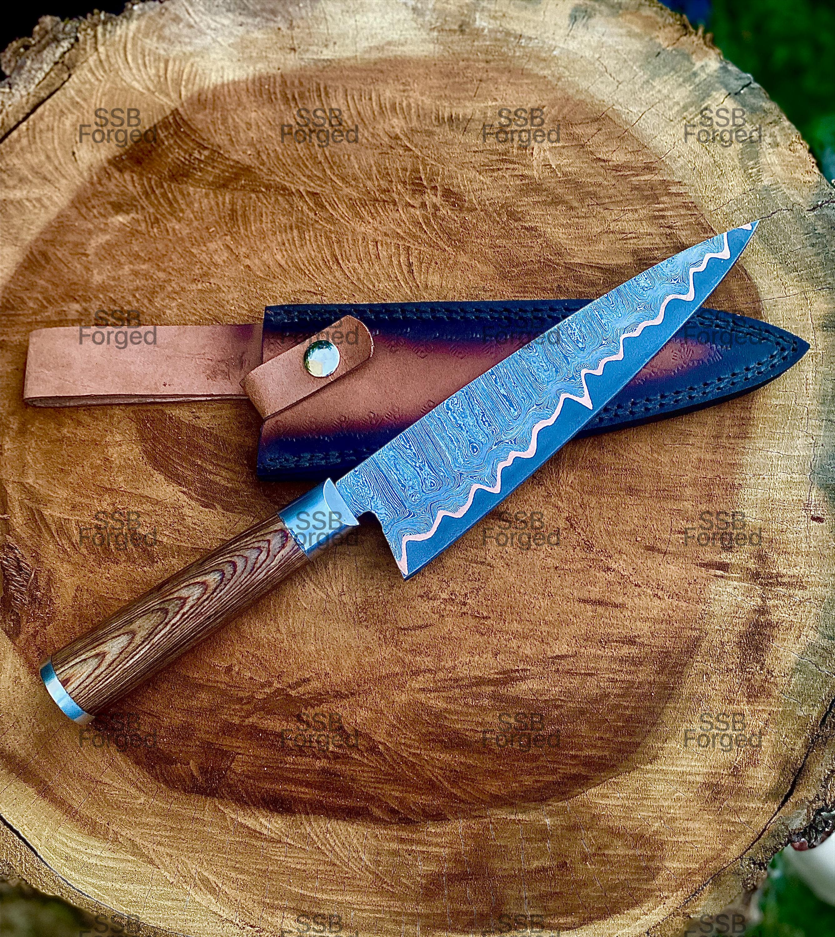 Handmade Copper Damascus Chef Knife With Wood Handle & Leather