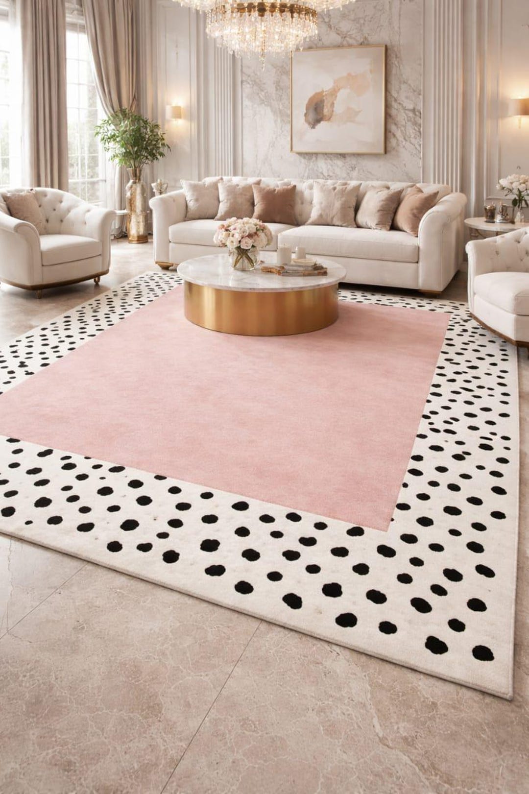 Border Area Rug Pink Blush Pink Area Rug, Black Polka Dot Border, Hand Tufted Modern Carpet ...