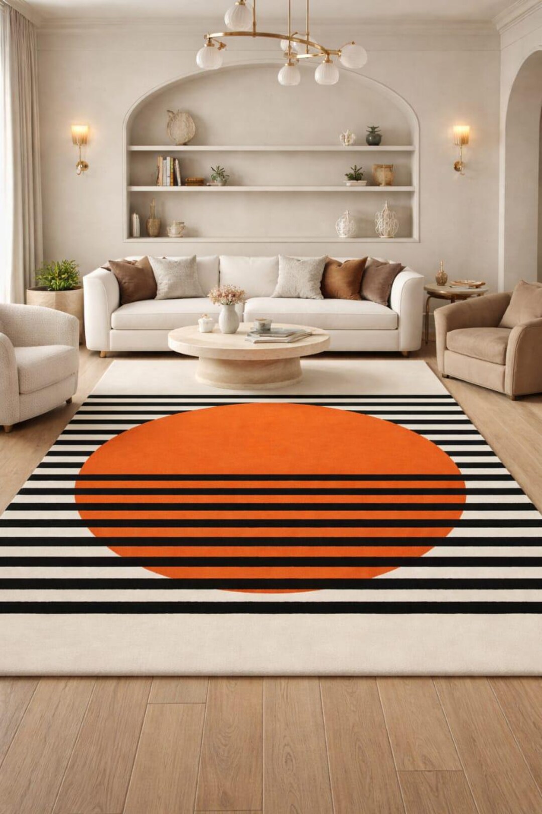 Modern Striped Rug With Orange Circle, Mid Century Abstract Geometric ...