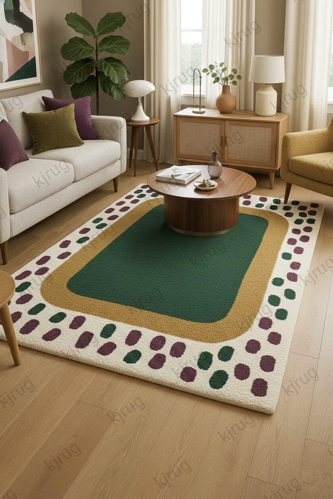 Modern Geometric Tufted Area Rug Green & Mustard Abstract Pattern, Mid ...