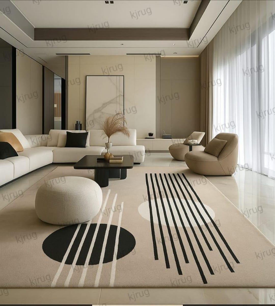 Abstract Rug Minimalistic Modern Abstract Area Rug Minimalist Neutral Beige Black Rug ...