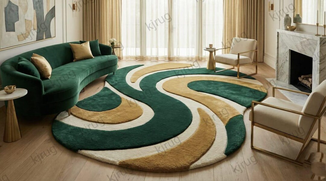 Hand-tufted Green and Gold Abstract Rug, Scalloped Edge - Etsy