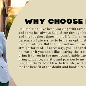 Op de afbeelding: Een lichtblauwe blazer, roze overhemd en groene broek gedragen door een persoon met een rode hoofdband en witte bril. De tekst luidt: WHY CHOOSE ME? Call me Tina, I've been working with tarot for a long time, and tarot has always helped.