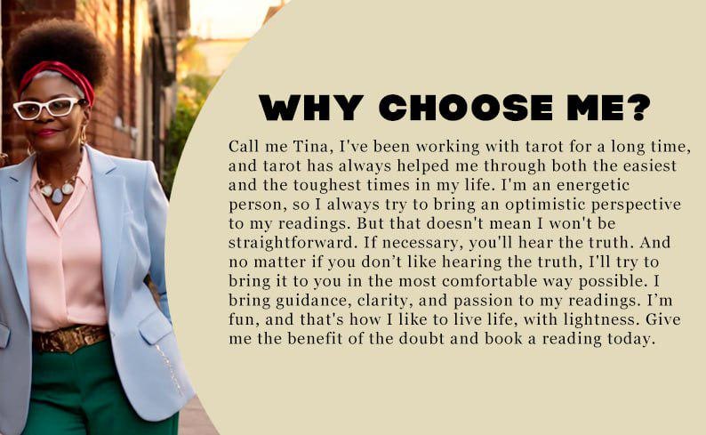 Op de afbeelding: Een lichtblauwe blazer, roze overhemd en groene broek gedragen door een persoon met een rode hoofdband en witte bril. De tekst luidt: WHY CHOOSE ME? Call me Tina, I've been working with tarot for a long time, and tarot has always helped.