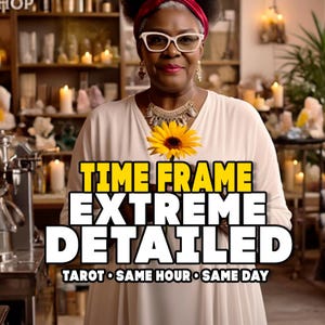 Pode incluir: Uma mulher usando óculos e um vestido branco, adornada com um girassol, está em frente a uma prateleira com velas e cristais. O texto em negrito diz "TIME FRAME EXTREME DETAILED" com "TAROT • SAME HOUR • SAME DAY" abaixo.