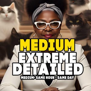 Peut inclure: Une femme portant des lunettes à monture blanche et un blazer blanc, avec les mots "MEDIUM EXTREME DETAILED" en jaune et blanc. Le texte "MEDIUM SAME HOUR SAME DAY" est également visible. Des chats sont en arrière-plan.