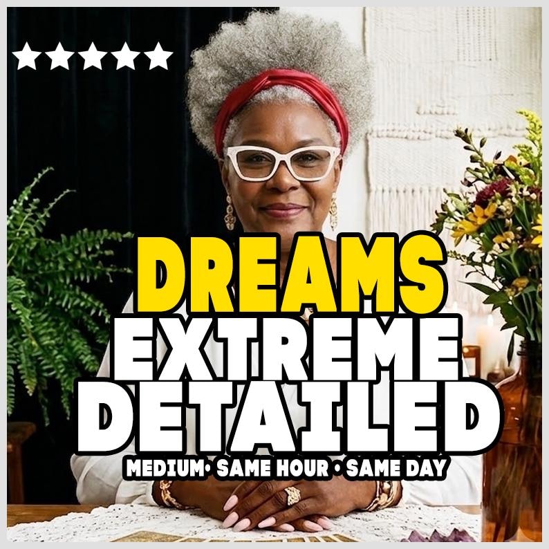 May include: A person with gray hair wearing a red headband and white-framed glasses. The text DREAMS EXTREME DETAILED MEDIUM SAME HOUR SAME DAY is overlaid in large white and yellow letters. Five white stars are positioned in the top left corner.
