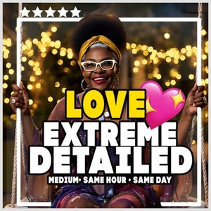 May include: A person with dark hair wearing a yellow headwrap and white-rimmed glasses, sitting on a swing. The image features the text LOVE EXTREME DETAILED, MEDIUM, SAME HOUR, SAME DAY, a pink heart emoji, and five white stars at the top.