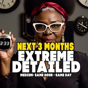 Puede incluir: Una persona con gafas y una diadema roja sostiene un temporizador digital que muestra las 3:33. El texto amarillo en negrita dice "NEXT 3 MONTHS EXTREME DETAILED." Debajo, un texto más pequeño indica "MEDIUM • SAME HOUR • SAME DAY." El fondo incluye relojes.