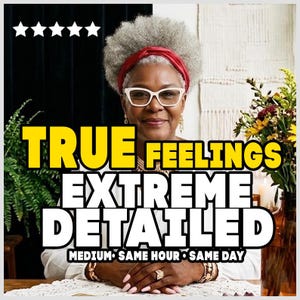 May include: A person with gray hair and a red headband wearing white-rimmed glasses and a white shirt. The image features five white stars and bold yellow and white text that reads TRUE FEELINGS EXTREME DETAILED MEDIUM SAME HOUR SAME DAY.