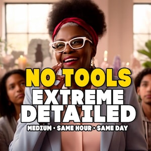Può includere: Immagine di una donna sorridente con occhiali e una fascia rossa. Il testo giallo acceso recita "NO TOOLS EXTREME DETAILED". Sotto, un testo più piccolo indica "MEDIUM • SAME HOUR • SAME DAY."