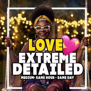 Peut inclure: Image d'une femme souriante portant des lunettes et un foulard jaune. Superposition de texte "LOVE EXTREME DETAILED" avec un cœur rose et des étoiles. Texte supplémentaire en bas : "MEDIUM • SAME HOUR • SAME DAY". Arrière-plan avec des lumières bokeh.