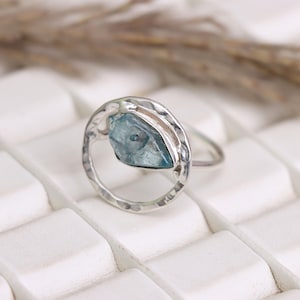 Natural Blue Zircon Designer Ring, 925 Sterling Silver Ring, Blue Stone Ring, December Birthstone Jewelry, Hammered Ring, Gift for Her,
