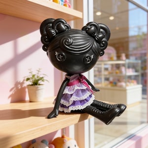 May include: A black doll with a large head, stylized hair buns, and button eyes. The doll wears a layered purple and white ruffled dress with a pink ribbon at the waist and black boots. The figure is seated with legs extended forward.