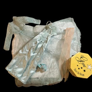 Peut inclure: Une robe en satin bleu clair avec une superposition de dentelle, un boléro en dentelle assorti et une paire de bas rose pâle transparents. Une boîte octogonale jaune avec le texte Gene et Share the Dream imprimé en noir est incluse.