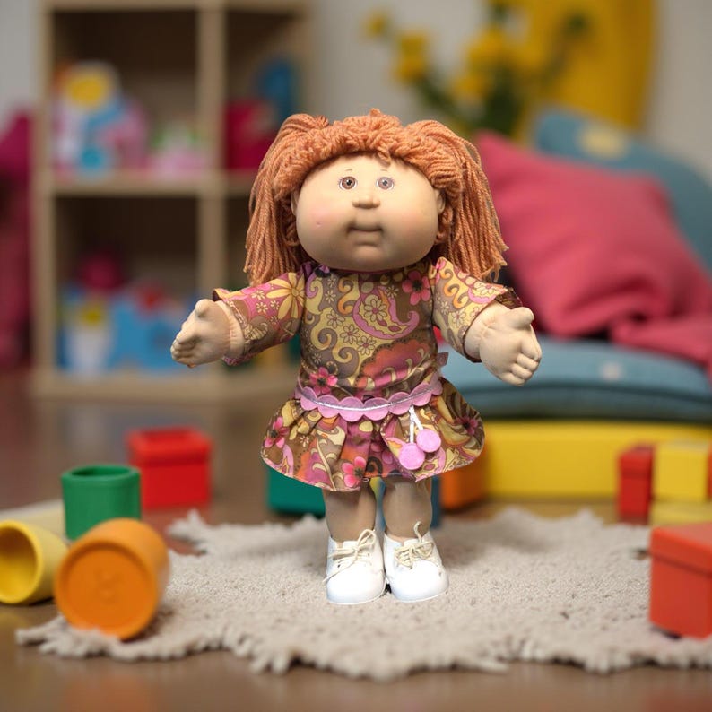 Puede incluir: Una mu&ntilde;eca vintage con cabello de hilo color rojizo, vestida con un vestido con estampado floral en tonos marrones, rosas y amarillos. La mu&ntilde;eca tiene una cara redonda, mejillas rosadas y lleva zapatos blancos. La mu&ntilde;eca est&aacute; de pie sobre una alfombra de color claro.