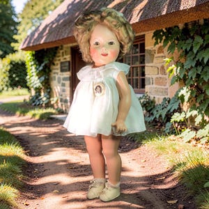 May include: A vintage doll stands on a dirt path in front of a stone cottage. The doll wears a white dress, socks, and shoes. The doll has curly blonde hair and a pendant. The background includes a thatched roof and greenery.