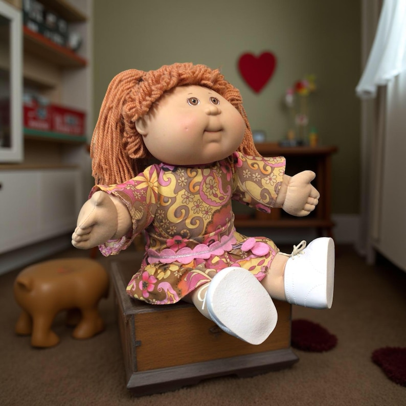 Puede incluir: Una mu&ntilde;eca Cabbage Patch Kid vintage con cabello de hilo rojo, vestida con un vestido floral en tonos de amarillo, rosa y marr&oacute;n. La mu&ntilde;eca est&aacute; sentada en un cofre de madera y lleva zapatos blancos. Los brazos de la mu&ntilde;eca est&aacute;n extendidos.