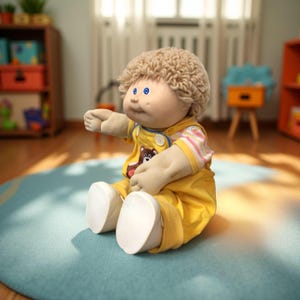 K&ouml;nnte beinhalten: Eine Vintage-Puppe mit einem weichen Stoffk&ouml;rper und einer markanten, lockigen, hellbraunen Frisur. Die Puppe tr&auml;gt einen gelben Overall mit einem B&auml;renmuster und ein gestreiftes Hemd darunter. Sie sitzt auf einem blauen Teppich.