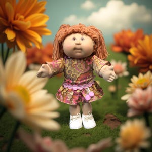 Puede incluir: Una mu&ntilde;eca vintage con cabello de hilo rojo, vestida con un vestido con estampado floral con ribete rosa y zapatos blancos. La mu&ntilde;eca est&aacute; de pie en un campo de flores con un fondo de cielo azul.