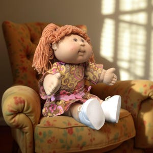 Puede incluir: Una mu&ntilde;eca vintage con piel color melocot&oacute;n, mejillas rosadas y cabello de hilo casta&ntilde;o est&aacute; sentada en un sill&oacute;n floral. La mu&ntilde;eca viste un vestido estampado con dise&ntilde;os florales marrones, amarillos y rosas, y zapatos blancos.