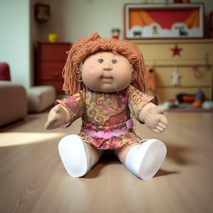 May include: A vintage doll with orange yarn hair, rosy cheeks, and a patterned dress in shades of pink, yellow, and brown. The doll is seated on a wooden floor, wearing white shoes. The doll's arms are outstretched.
