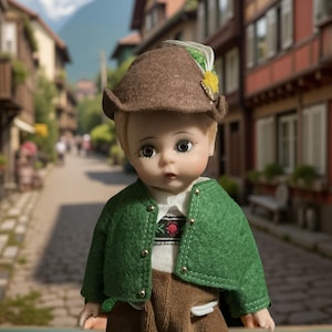 May include: A vintage doll dressed in traditional Bavarian attire, including a brown felt hat with a feather, a green jacket, and brown pants. The doll has a serene expression and is set against a blurred street scene.