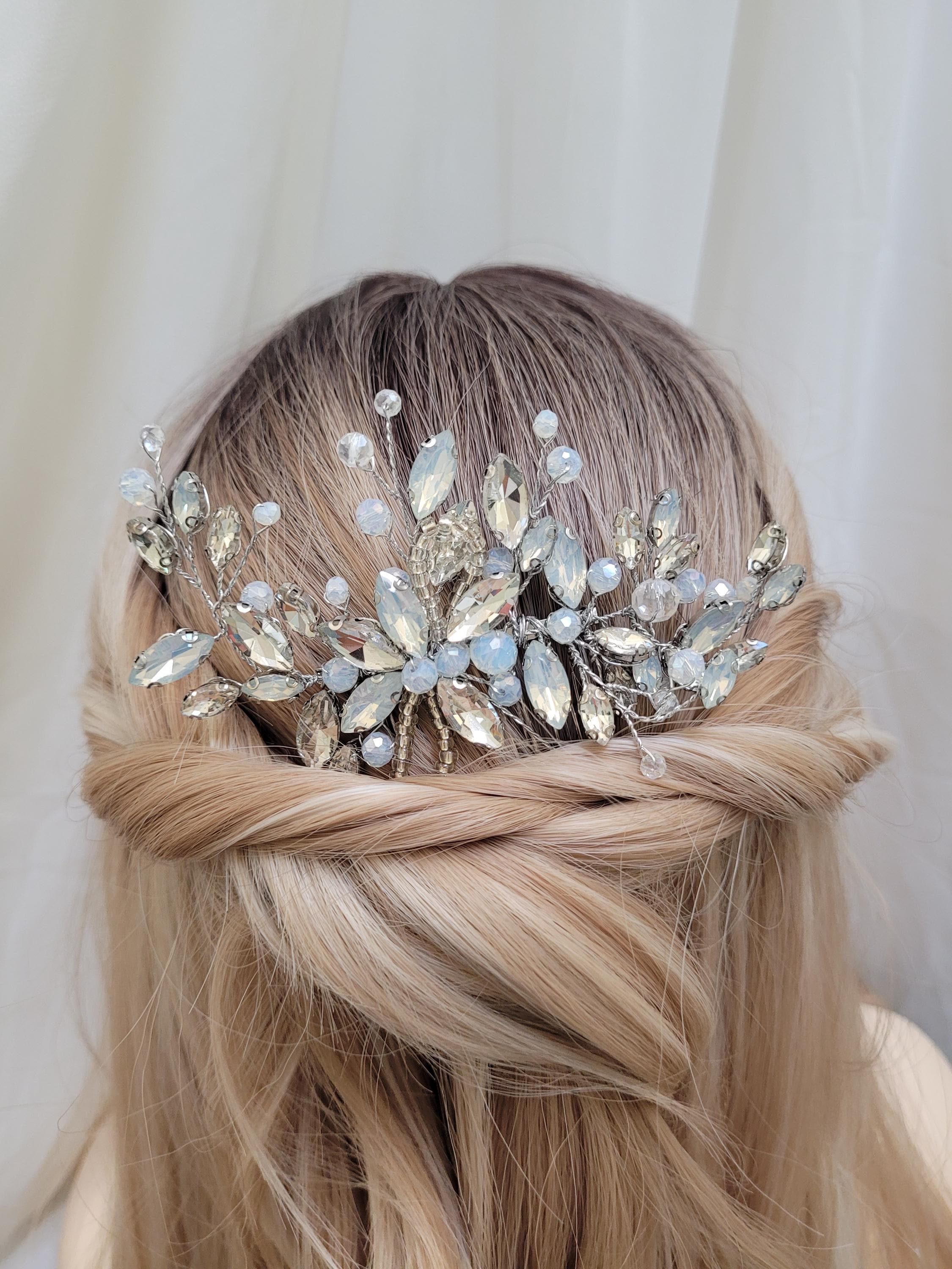 Bridal Hair Comb Silver Opal/Crystal Mix Bridal Opal Hair Comb, Silver Opal Crystals Headpiece  main image 3