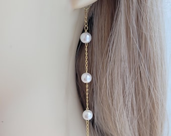 Bridal Pearl Dangling Earrings: Long Pearl Drop Earrings, Pearl Wedding Jewelry, Pearl Earrings for Brides, Bridesmaids, Proms, Gift for Her