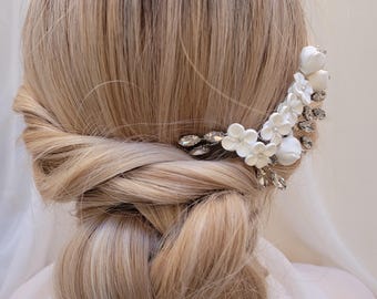 Floral Wedding Hair Pin: Silver or Rose Gold, Bridal Hair Jewelry, Delicate ceramic white flower and rhinestone leaves, Wedding Hair Jewelry