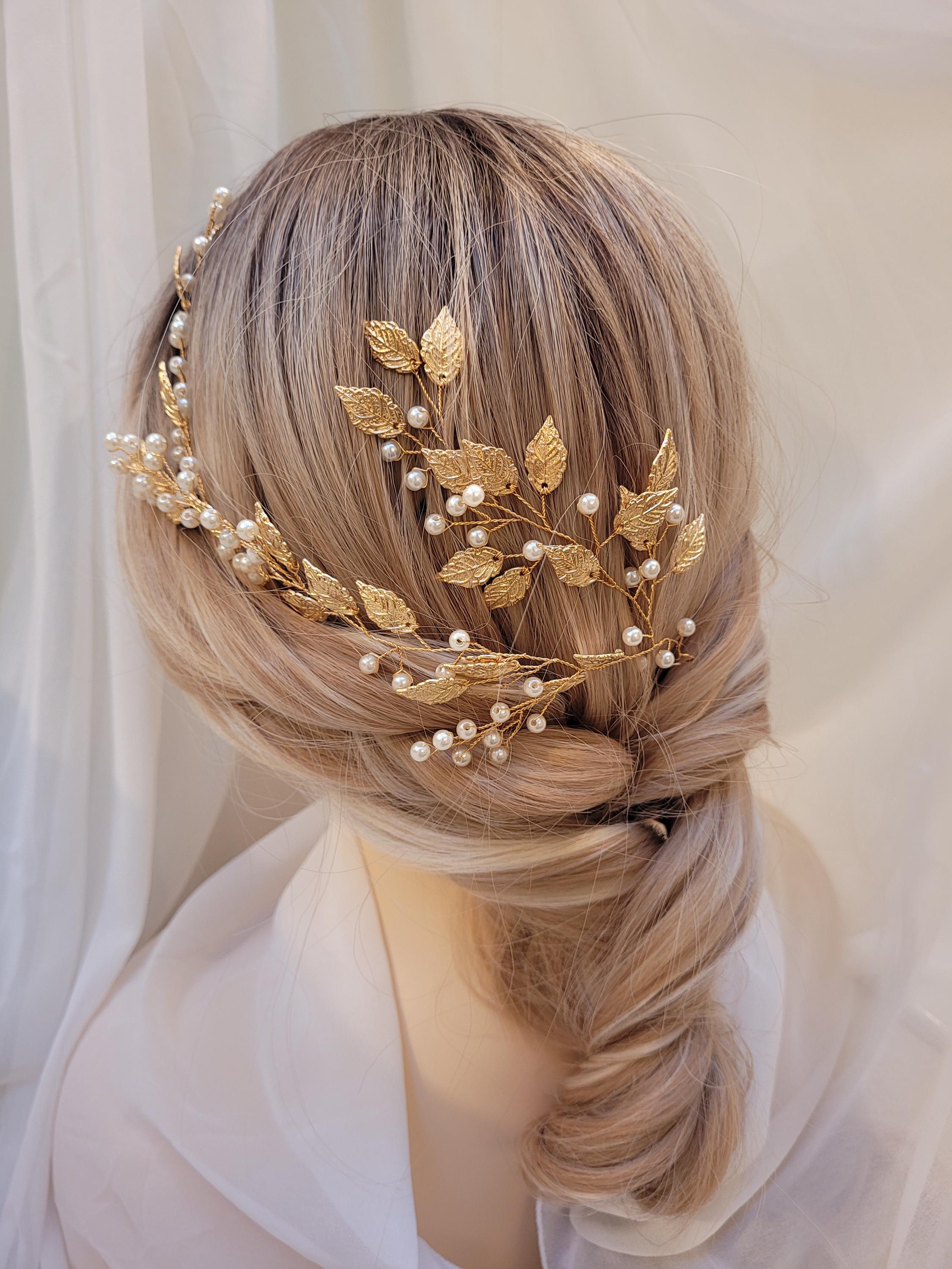 Leaf Pearl Hair Vine: Gold or Silver, Bridal Hair Jewelry 