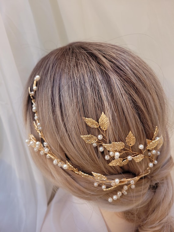Leaf Pearl Hair Vine: Gold or Silver, Bridal Hair Jewelry  display picture 2
