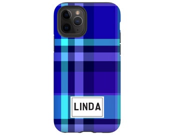 iPhone 15 Case | Blue Plaid iPhone 15 14 13 12 11 X XR XS SE Pro Plus Pro Max Mini Case | Personalized iPhone Case | Initial iPhone Case