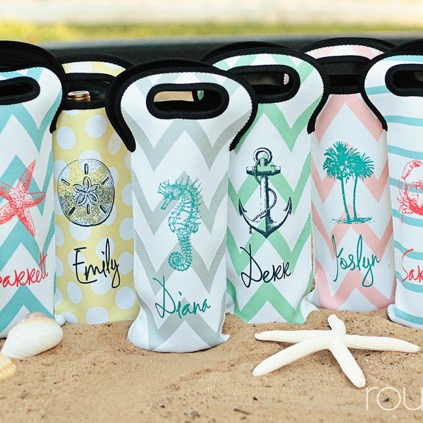 Monogram Wine Tote | Wine Bottle Bag | Personalized Wine Tote | 21st Birthday | Bridal Party Favors | Christmas Gifts - Seaside Wine Tote