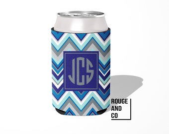 Personalized can cooler, beer hugger, monogram slim can insulator: MULTI CHEVRON BLUE tailgate, birthday, bachelorette, girls trip, wedding