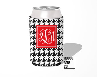 Personalized can cooler, beer hugger, slim can insulator: HOUNDSTOOTH tailgate, birthday, graduation, bachelorette, girls trip, wedding