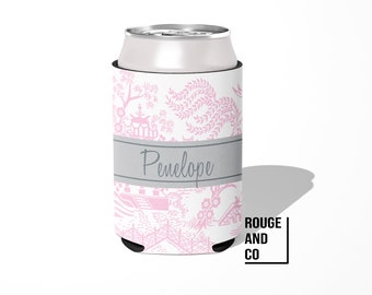 Personalized can cooler, beer hugger, slim can insulator: CHINOISERIE tailgate, birthday, graduation, bachelorette, girls trip, wedding