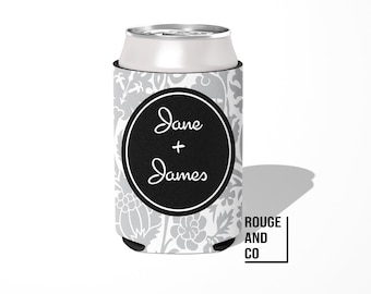 Personalized can cooler, beer hugger, slim can insulator: DAMASK tailgate, birthday, graduation, bachelorette, boating, girls trip, wedding