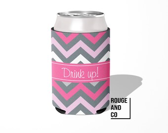 Personalized can cooler, beer hugger, monogram slim can insulator: CHEVRON PINK GREY tailgate, birthday, bachelorette, girls trip, wedding