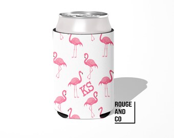 Personalized can cooler, beer hugger, monogram slim can insulator: FLAMINGO tailgate, birthday, graduation, bachelorette, girl trip, wedding