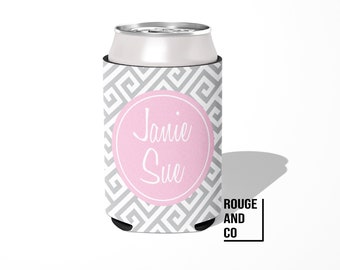 Personalized can cooler, beer hugger, slim can insulator: GREEK KEY tailgate, birthday, graduation, bachelorette, girls trip, wedding