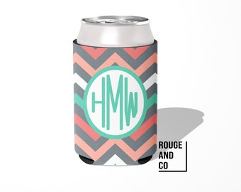 Personalized can cooler, beer hugger, monogram slim can insulator: CHEVRON TEAL GREY tailgate, birthday, bachelorette, girls trip, wedding