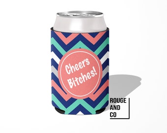 Personalized can cooler, beer hugger, slim can insulator: CHEVRON TEAL NAVY tailgate, birthday, graduation, bachelorette, girl trip, wedding